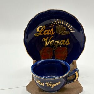 Vintage Las Vegas Miniature Cup & Saucer Set Souvenir with Stand
